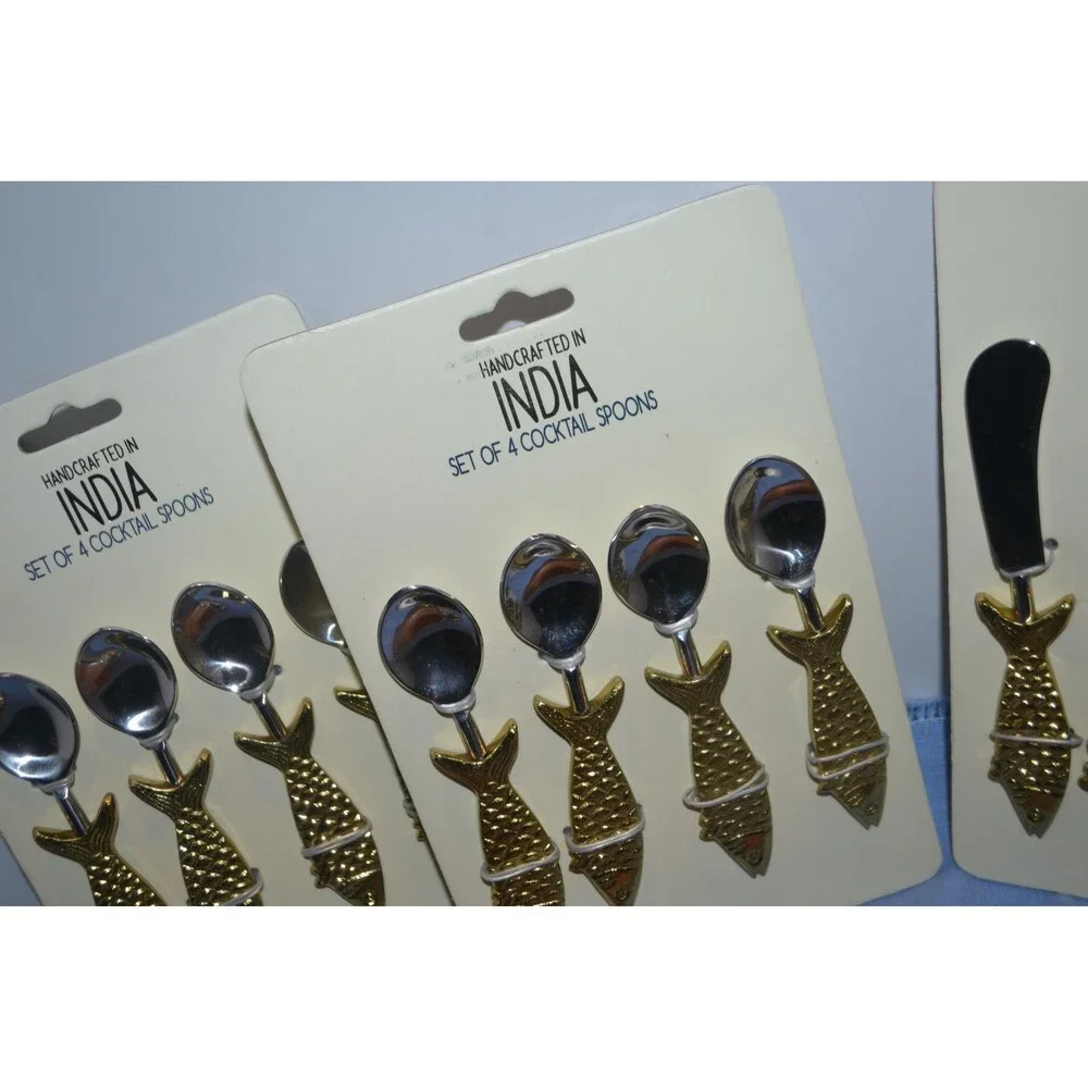 Metal Fish Spoons and Spreaders with Wood Fish Serving Board